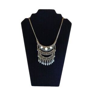 Gold Tone & Black Metal Enamel Egyptian Statement Fashion Necklace 17" - 20"